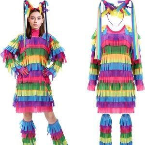 3 Pcs Pinata Halloween Costume for Women Multicolored Dress Headband Leg Warmers